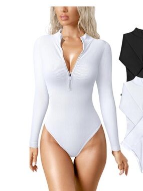 OQQ Ribbed Long Sleeve Zip Front Bodysuit NWOT